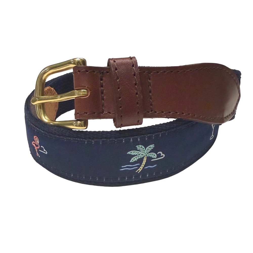 Chubbies Mens Navy Blue Embroidered Tropical Flamingo Palm Tree Belt Size 34 85